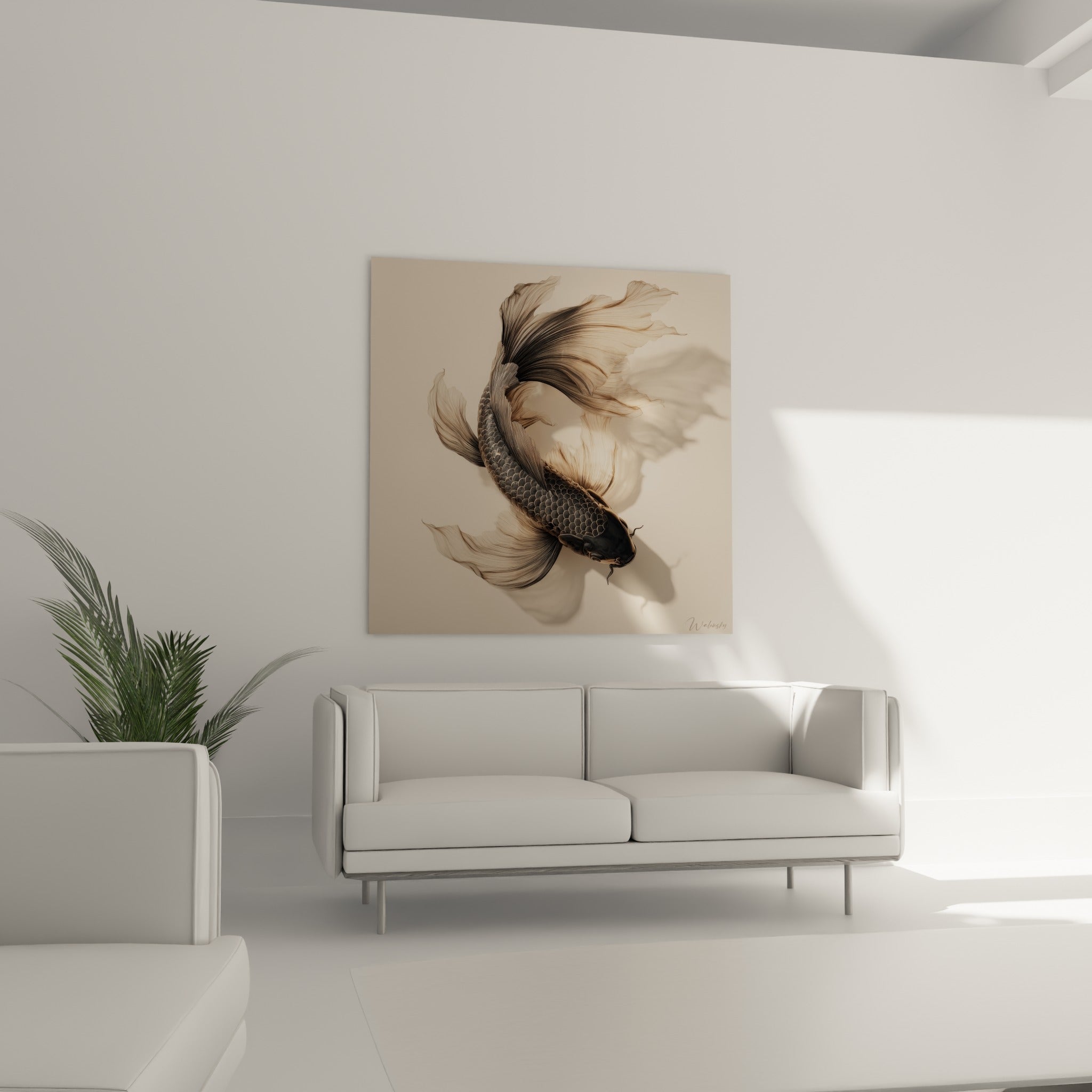 Poisson koï gris et beige en pleine ondulation, au-dessus d'un canapé dans un salon lumineux