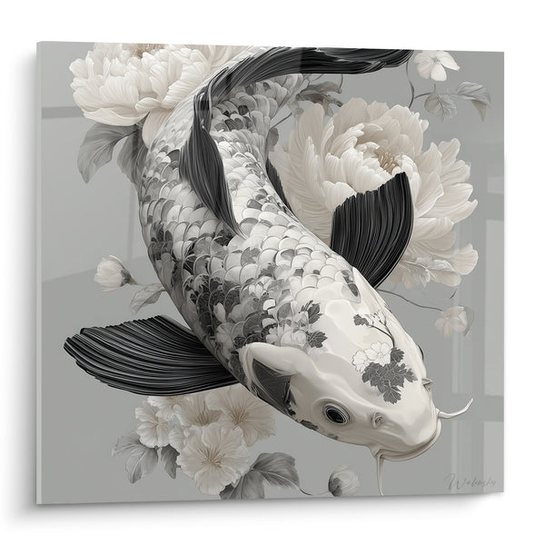Tableau Carpe blanche et noire aux barbillons - Fleurs de pivoines délicates - Edition Koi