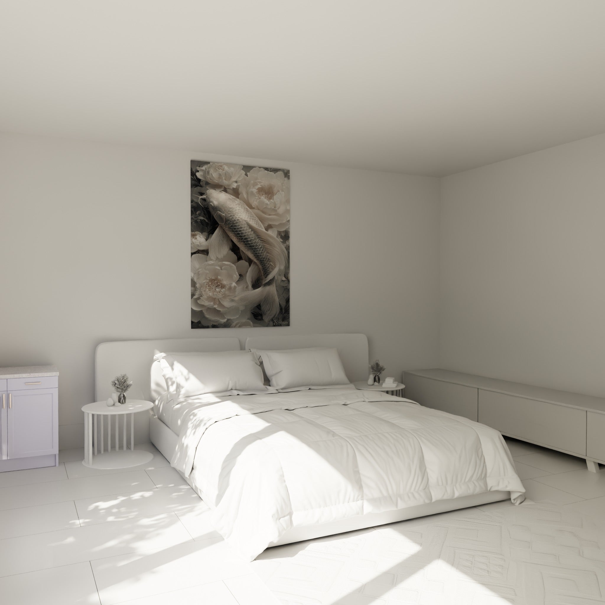 Poisson koï gris et pivoines nacrées, accroché au-dessus d'un lit dans une chambre claire