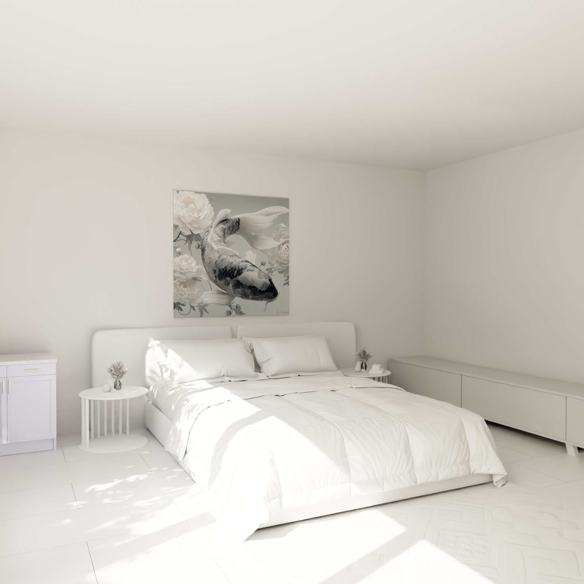 Poisson koi gris perle et pivoines blanches accroché au-dessus d'un lit dans une chambre claire