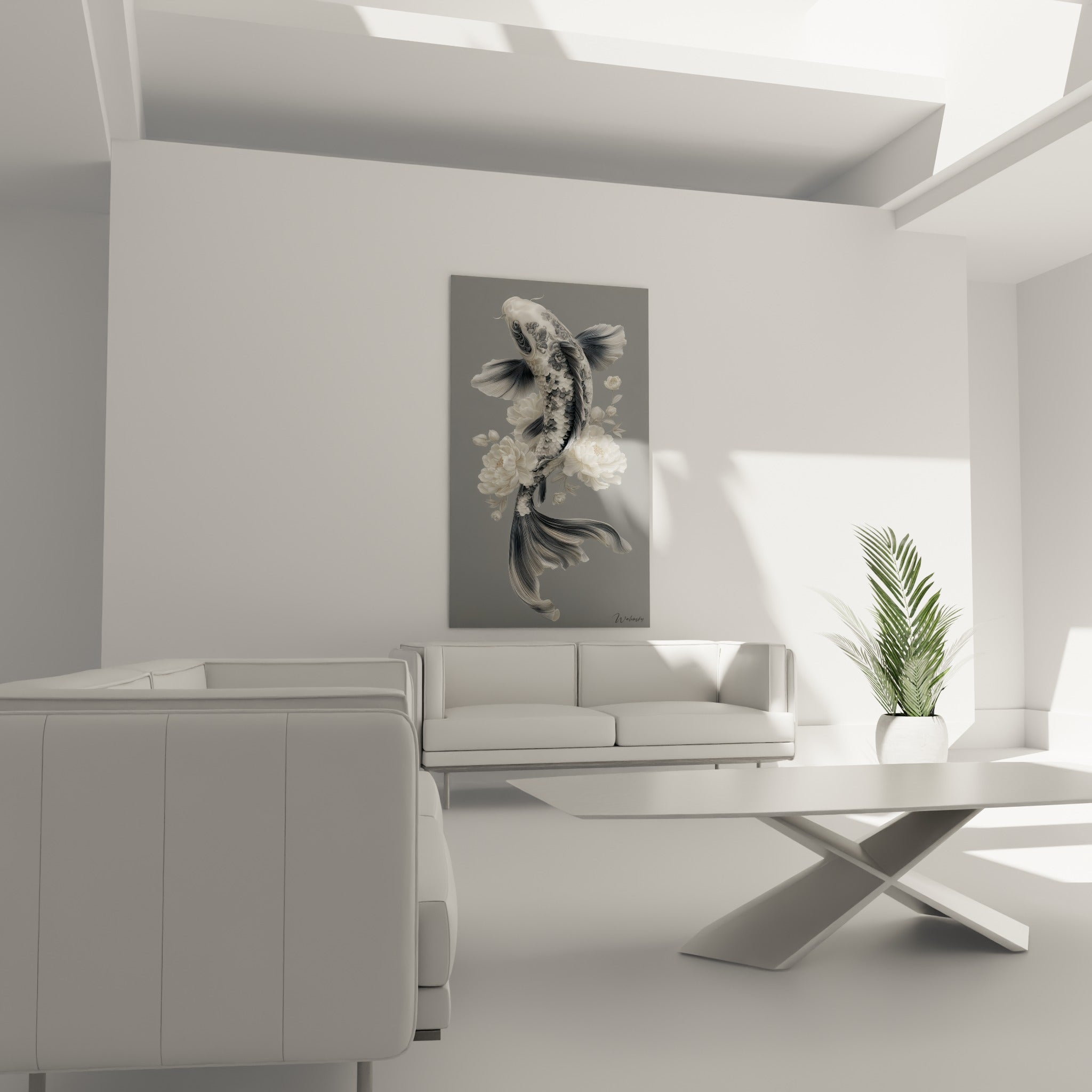 Nage ascendante du koi gris perle et pivoines blanches au-dessus d'un canapé dans un salon lumineux