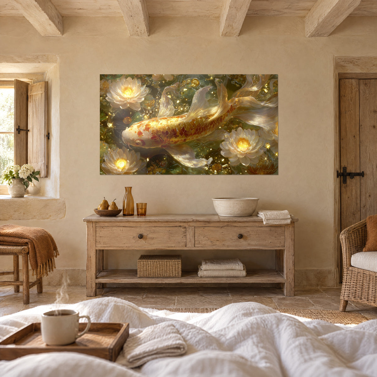 Quadro koi con pinne a velo bianche e arancio, fiori di loto bianchi dal centro giallo, sopra un letto in una camera luminosa