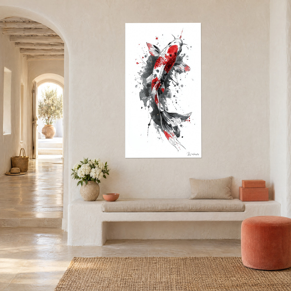 Wall art with vermilion and white mountain stream fish swimming in a spiral, black splashes, beige wall, stone bench