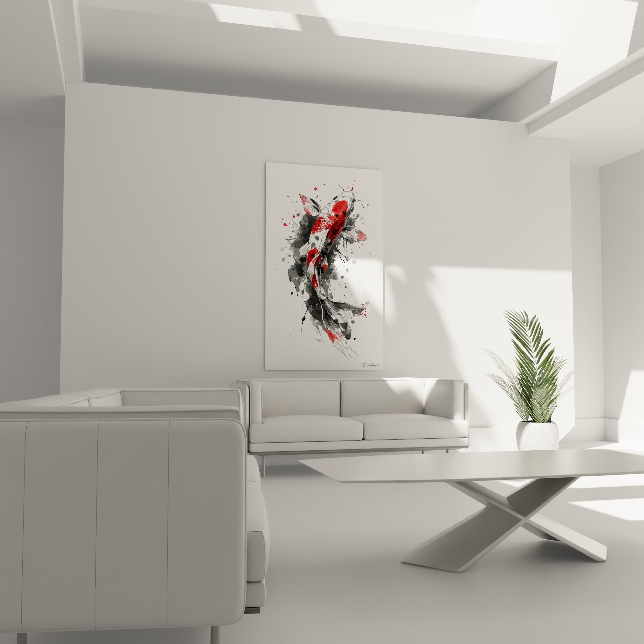 Nageoires rouges et noires du koï déployées en éventail, au-dessus d'un canapé dans un salon lumineux