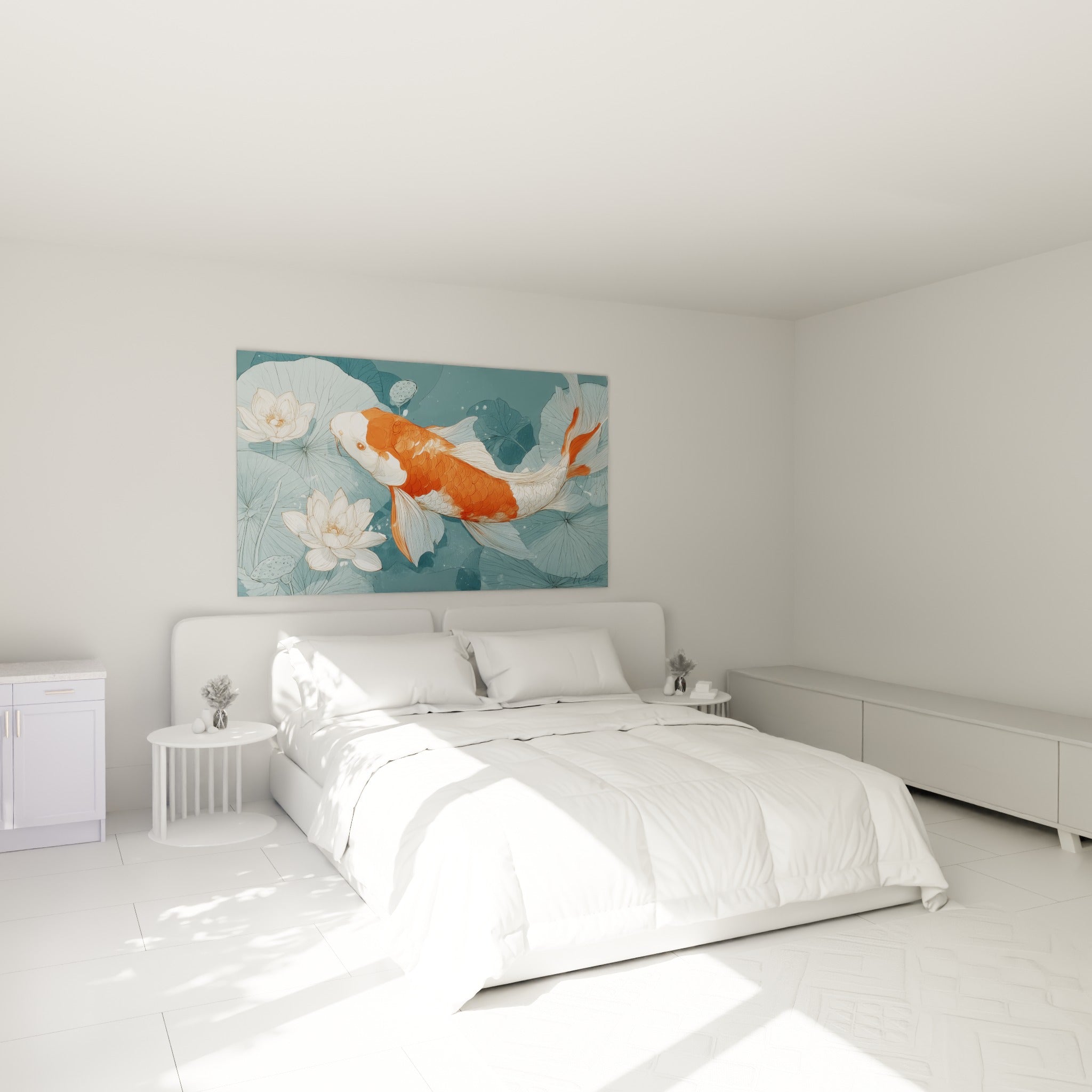 Poisson Koi orange et blanc entouré de lotus, au-dessus d'un lit dans une chambre claire