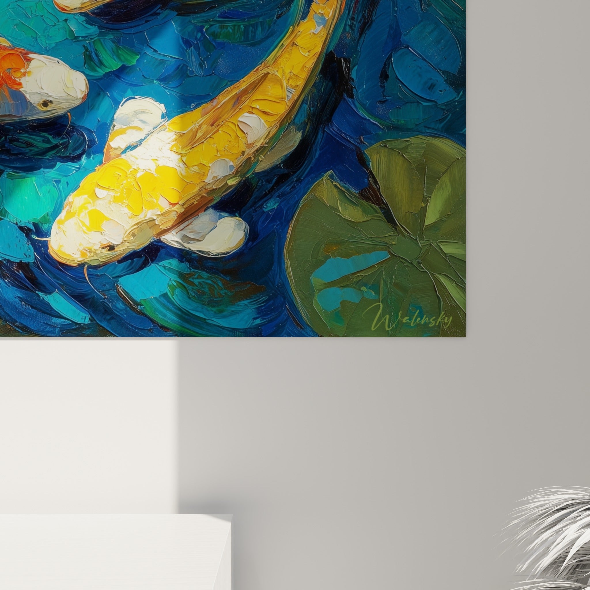 Matière empâtée du tableau Koi révélant les touches orange, blanches et bleu turquoise du bassin peint