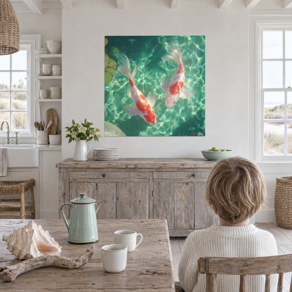 Quadro duo di koi dalle lunghe pinne bianche translucide, squame arancio vivo, riflessi dorati su acqua turchese, angolo pranzo sulla costa