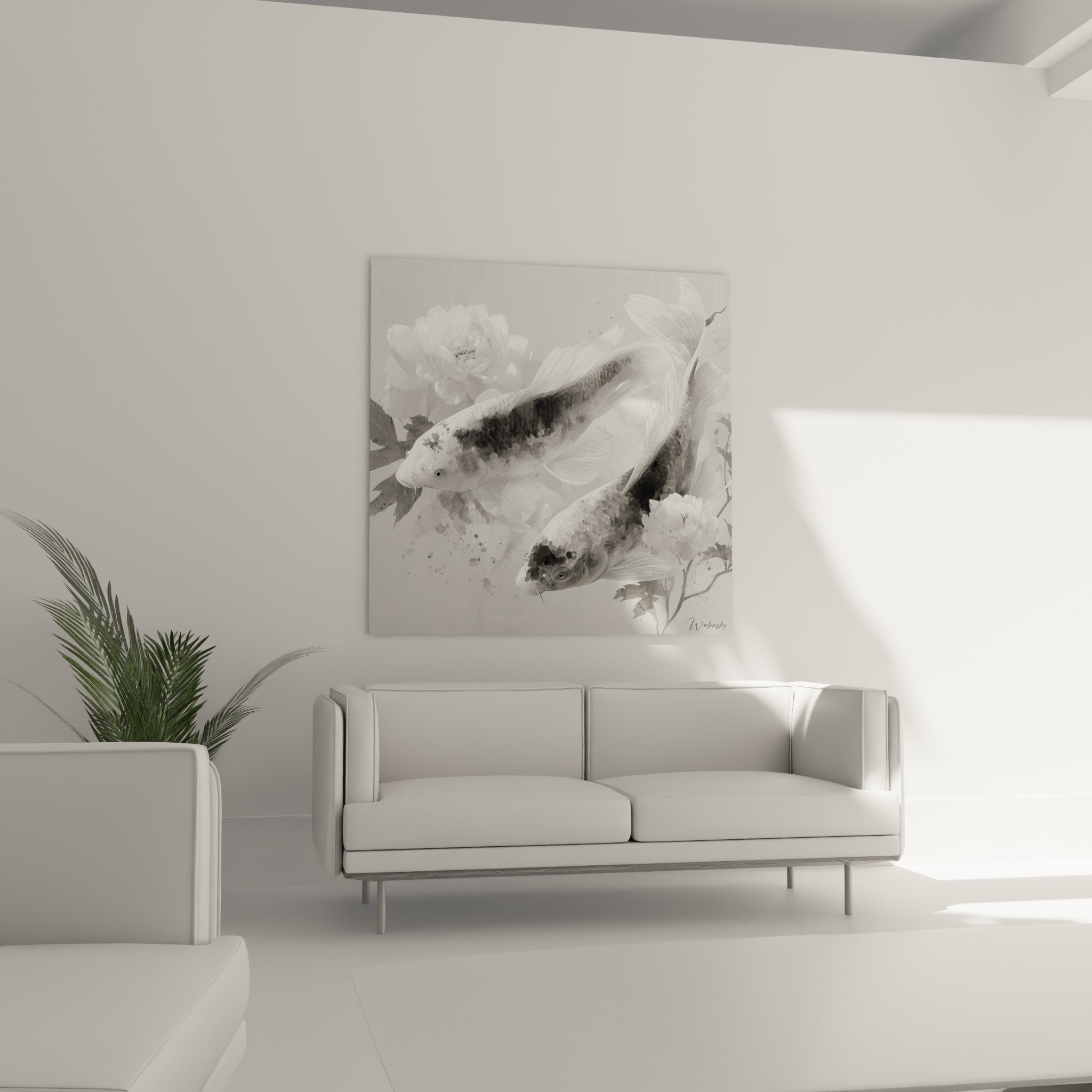 Deux carpes koï monochromes glissant entre pivoines, au-dessus d'un canapé dans un salon lumineux