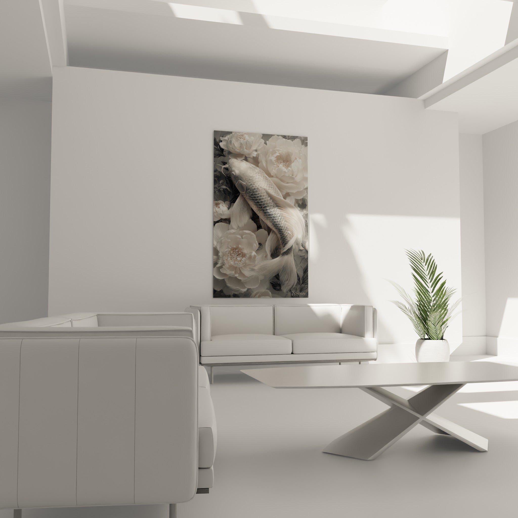 Koï blanc ondulant entre fleurs de pivoine, placé au-dessus d'un canapé dans un salon lumineux