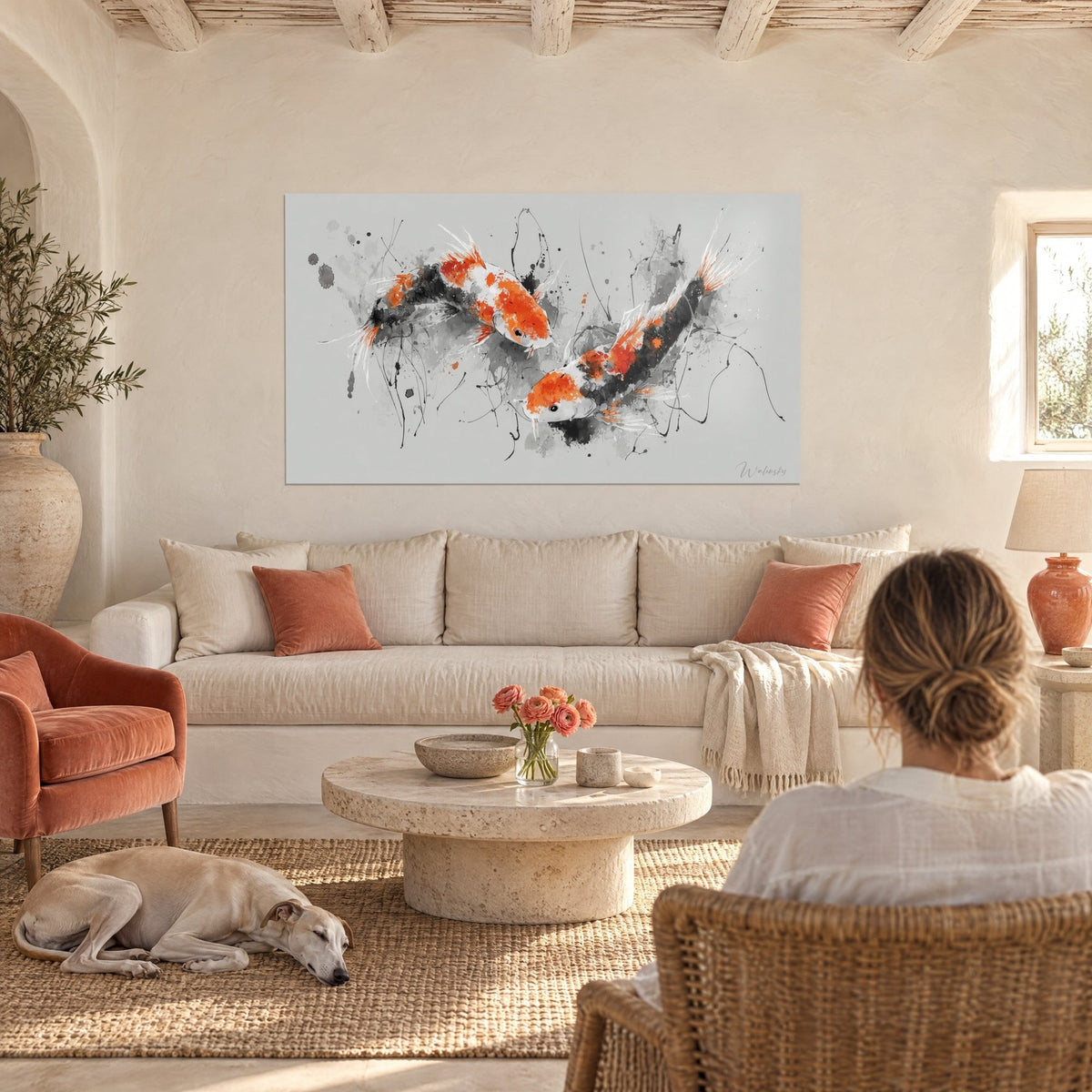Wall art orange and white koi carp swimming on a pearl grey background with black ink splashes, above a sofa in a bright living room