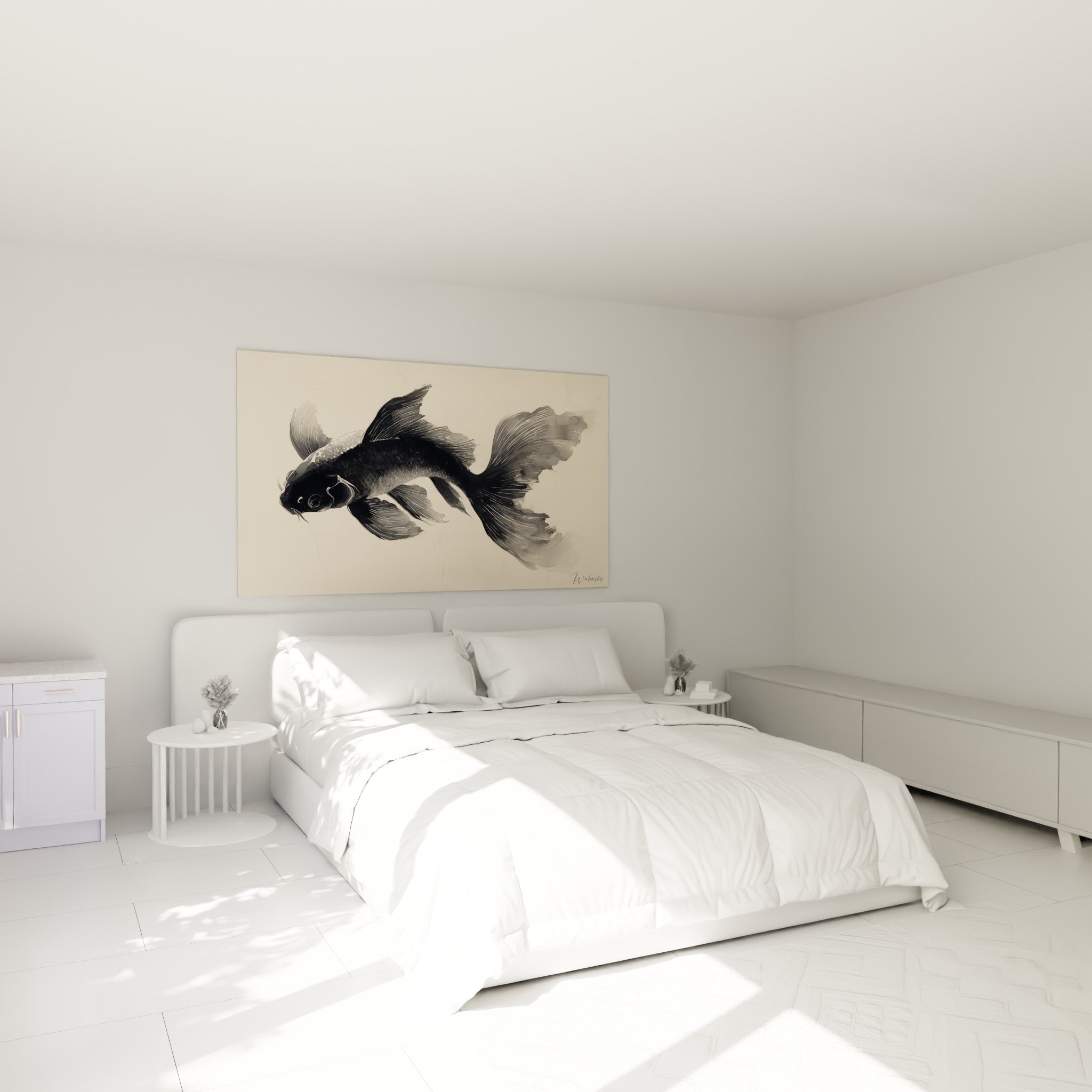 Carpe Koi noire et grise en mouvement fluide, accrochée au-dessus d'un lit dans une chambre claire