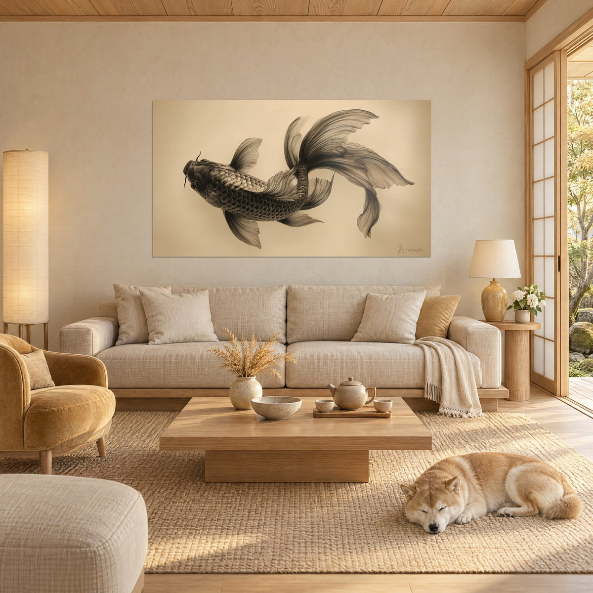 Quadro carpa koi marrone e beige dalle pinne ondeggianti, squame cesellate, Shiba addormentato, sopra un divano in un soggiorno luminoso