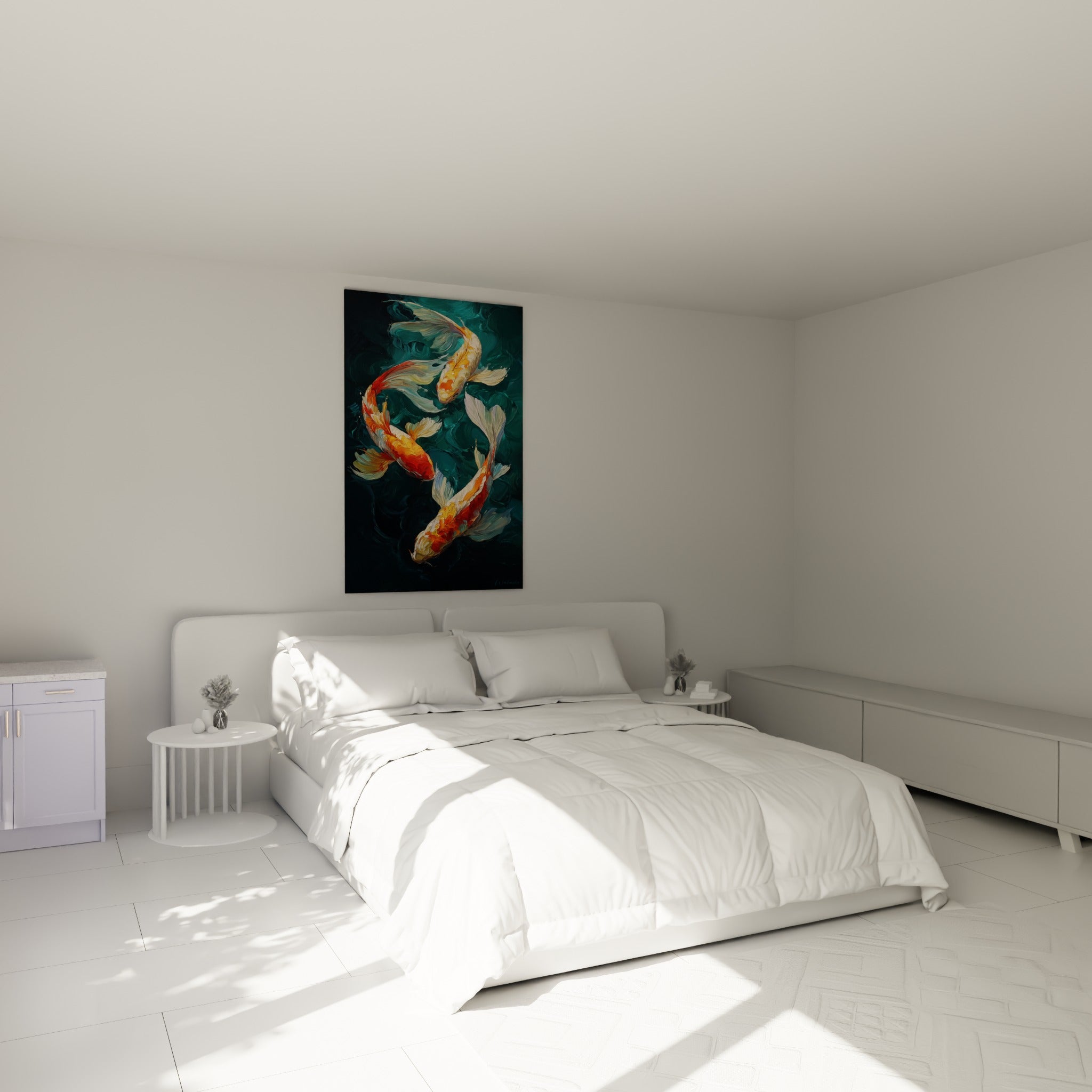 Carpes koï dorées et orangées en mouvement fluide, au-dessus d'un lit dans une chambre claire