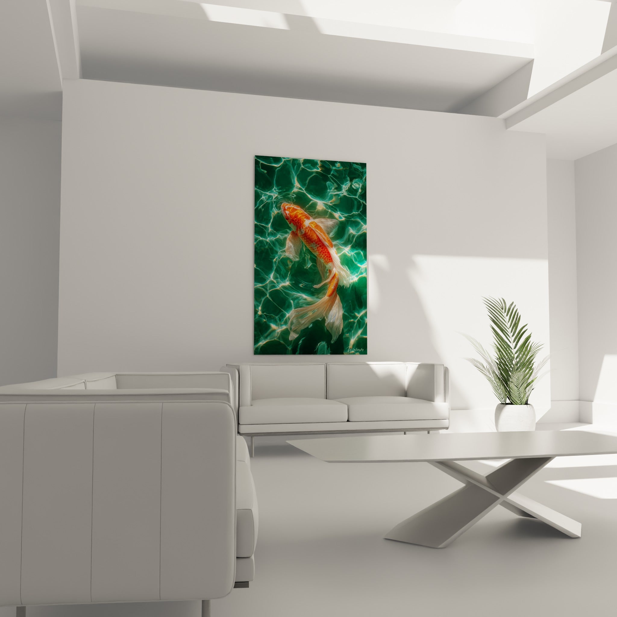 Carpe koï orangée aux nageoires longues évoluant dans une eau turquoise, au-dessus d'un canapé dans un salon lumineux