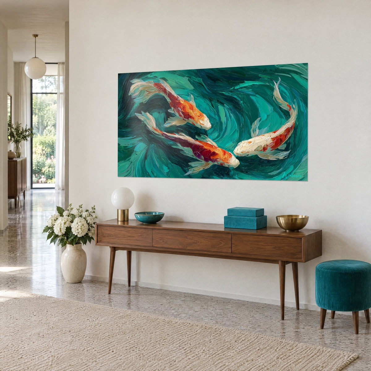 Wall art reddish-orange fish with ivory fins swimming in a spiral on an emerald green background, above a wooden console