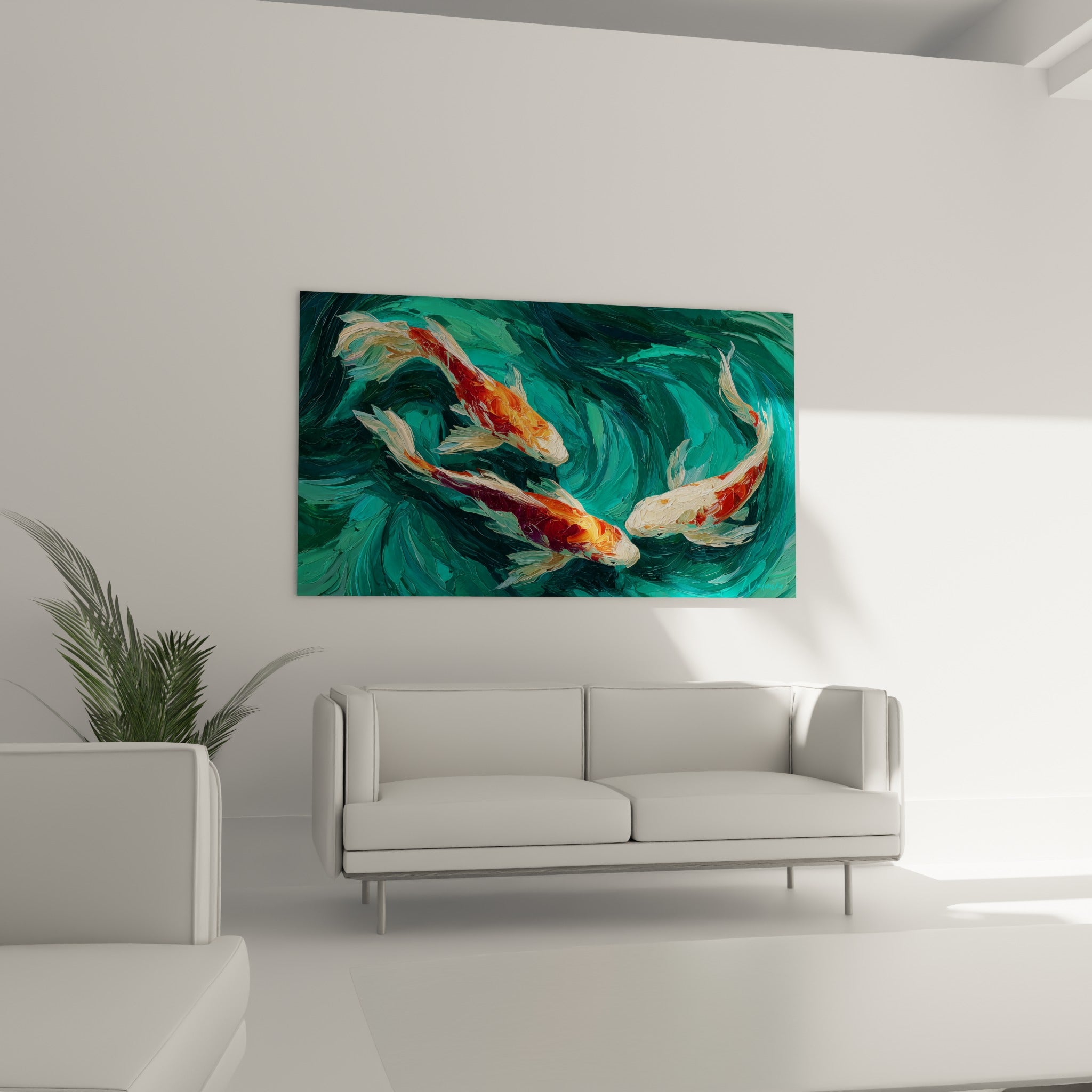 Koï aux nageoires blanches et corps orangés évoluant dans un tourbillon vert, au-dessus d'un canapé dans un salon lumineux