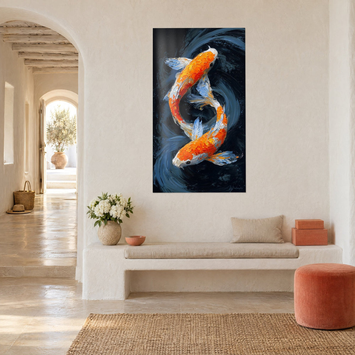 Wall art reddish-orange fish curling in steel-blue eddies, thick brushstrokes, whitewashed wall, Mediterranean house