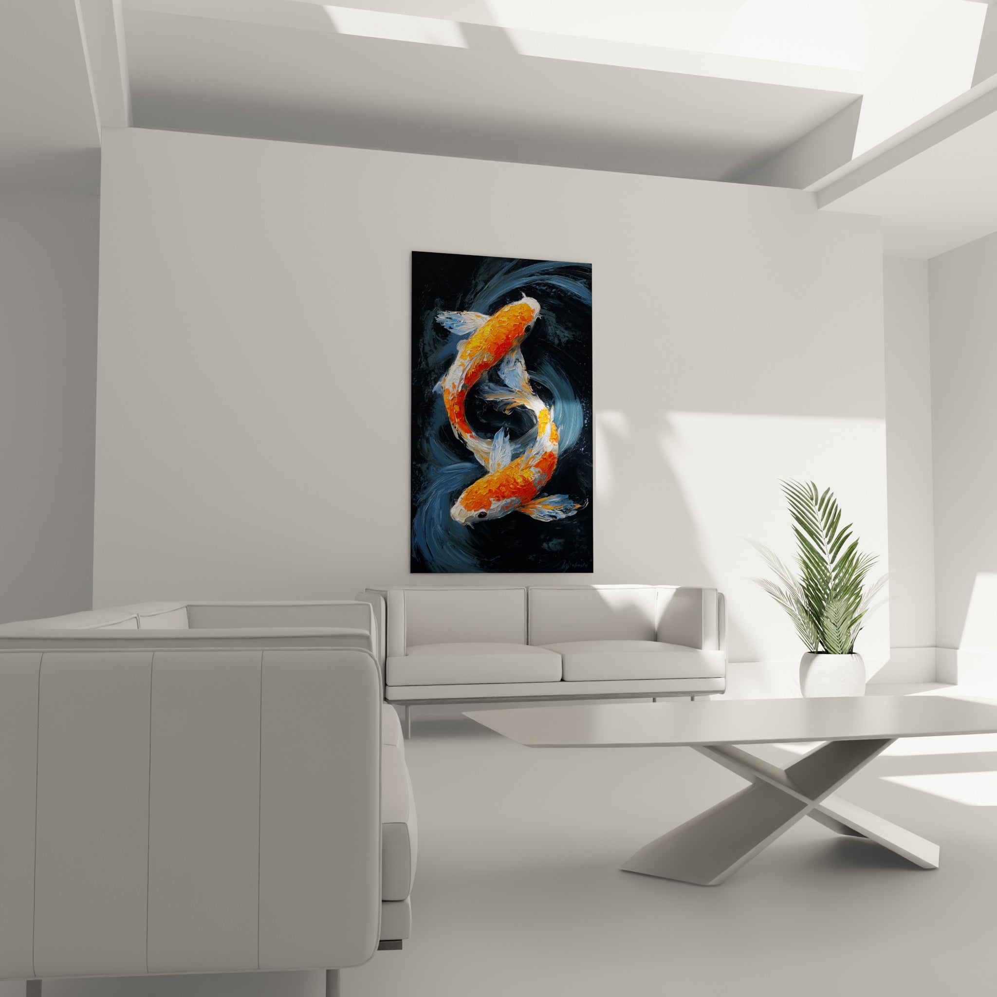 Poissons koï blancs et orange nageant dans des remous bleutés, au-dessus d'un canapé dans un salon lumineux