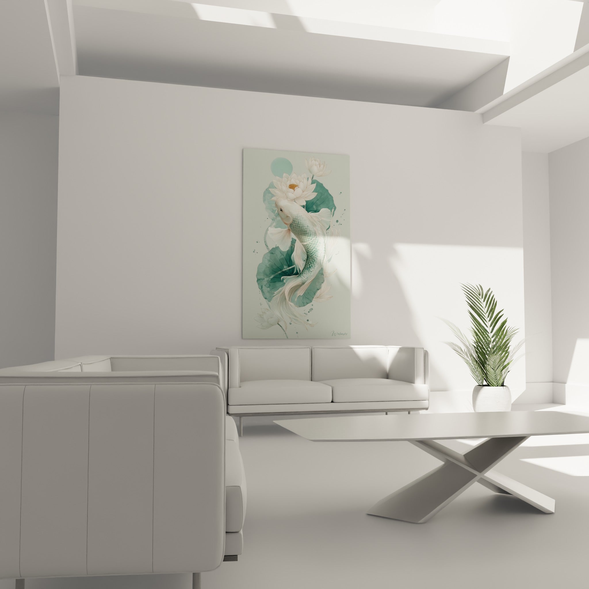 Koi nacrée entourée de lotus blancs et feuilles vert d'eau, au-dessus d'un canapé dans un salon lumineux