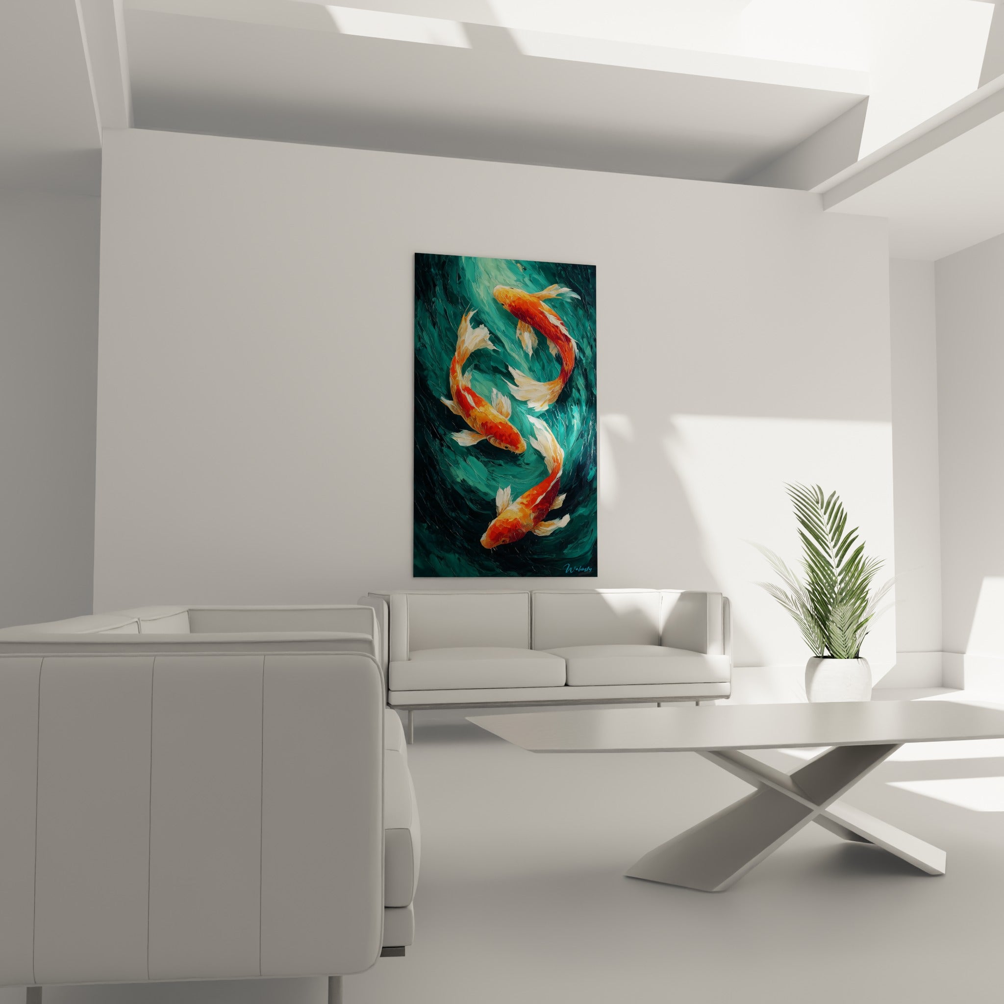 Poissons Koï dorés et sarcelle profond en mouvement circulaire au-dessus d'un canapé dans un salon lumineux
