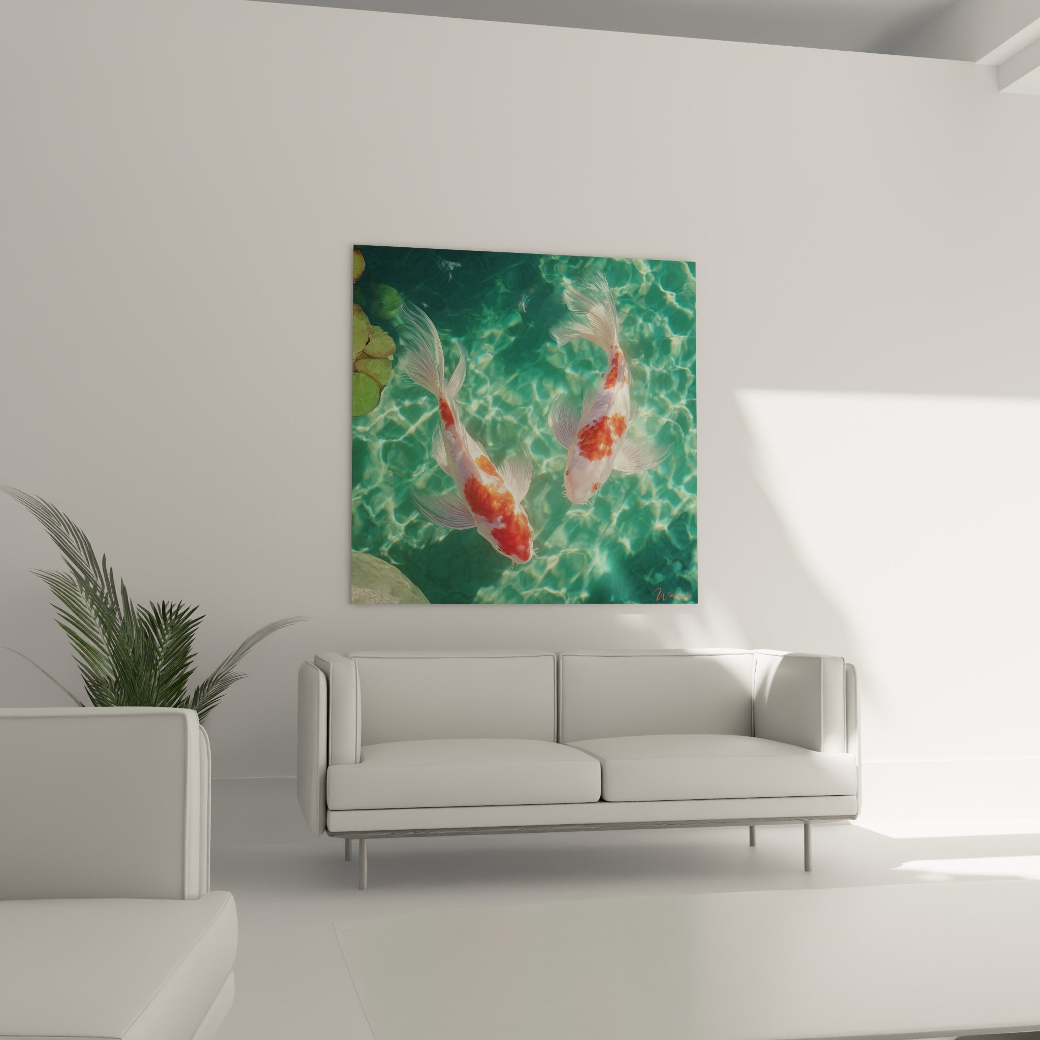 Poissons koï blancs et orangés glissant dans l'eau émeraude, au-dessus d'un canapé dans un salon lumineux