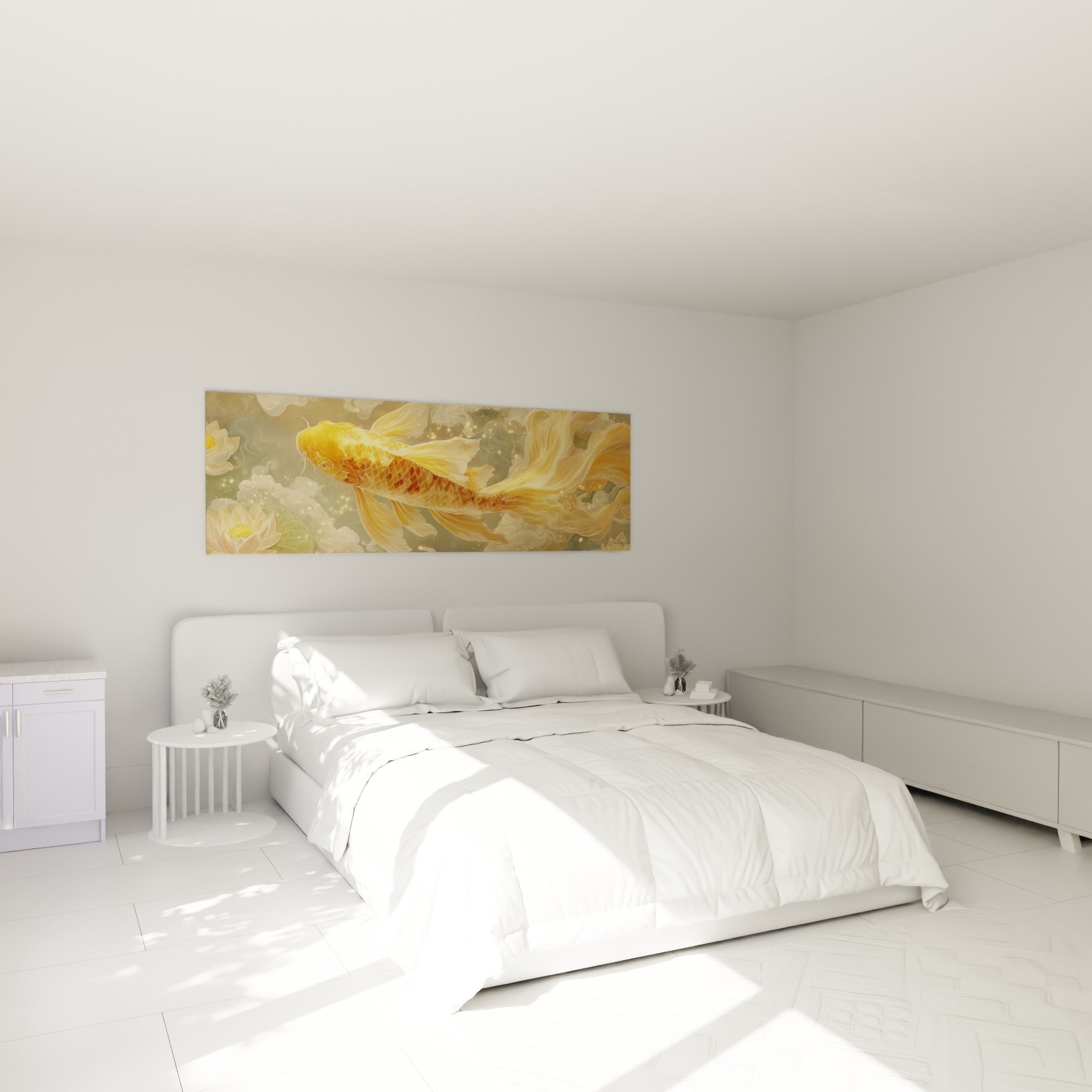 Poisson koï doré et terracotta évoluant sous une brume lumineuse, au-dessus d'un lit dans une chambre claire