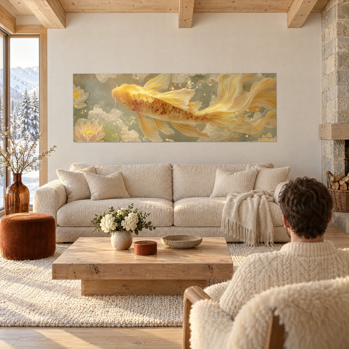 Gemälde Koi-Karpfen in Gold mit schleierartigen Flossen, blassrosa Lotus und salbeigrünem Hintergrund, über einem Sofa in einem hellen Wohnzimmer