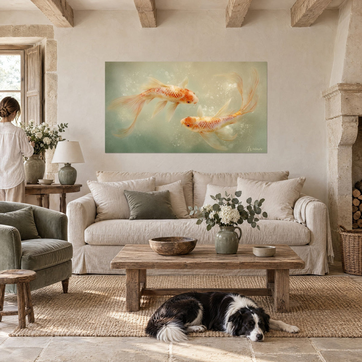 Wall art orange and ivory koi carp with veil fins, on a sage green background, above a sofa in a bright living room