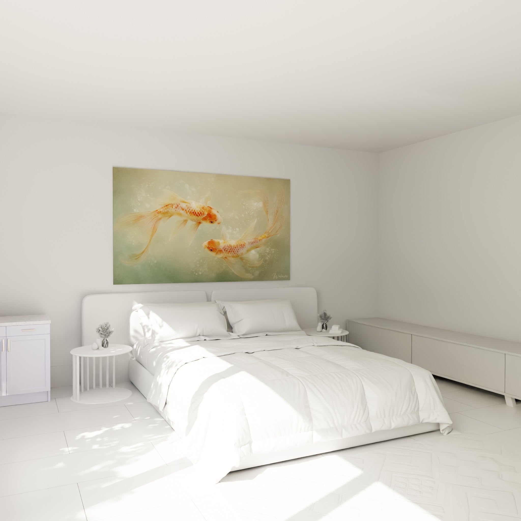 Poissons Koi orangés en mouvement délicat au-dessus d'un lit dans une chambre claire
