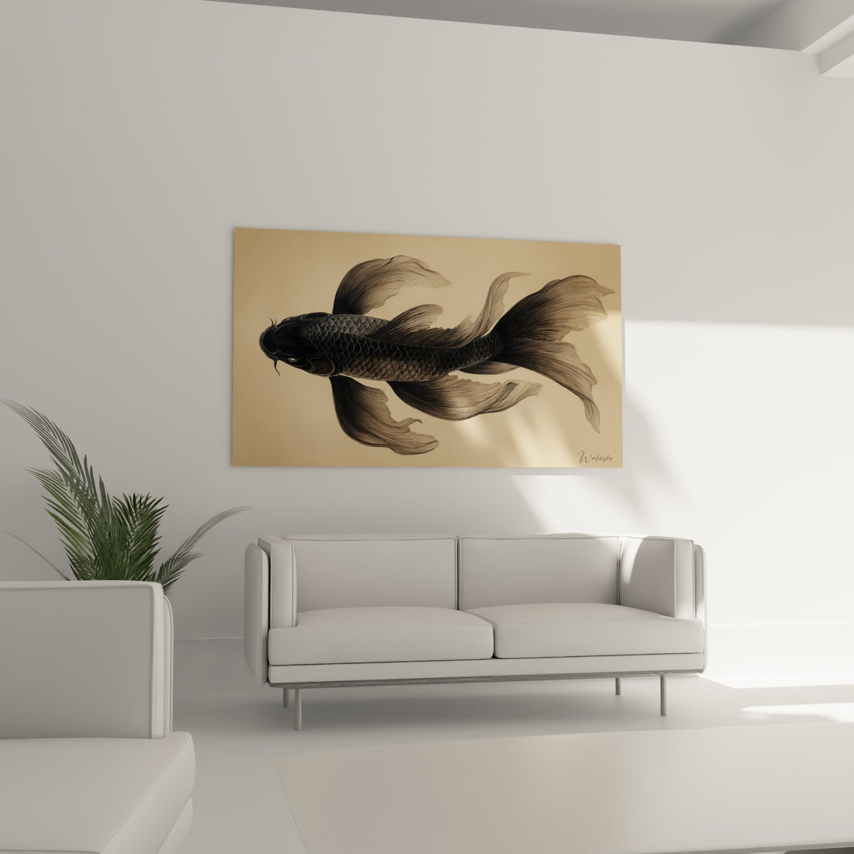 Silhouette de carpe Koi anthracite aux voiles ondulantes, au-dessus d'un canapé dans un salon lumineux
