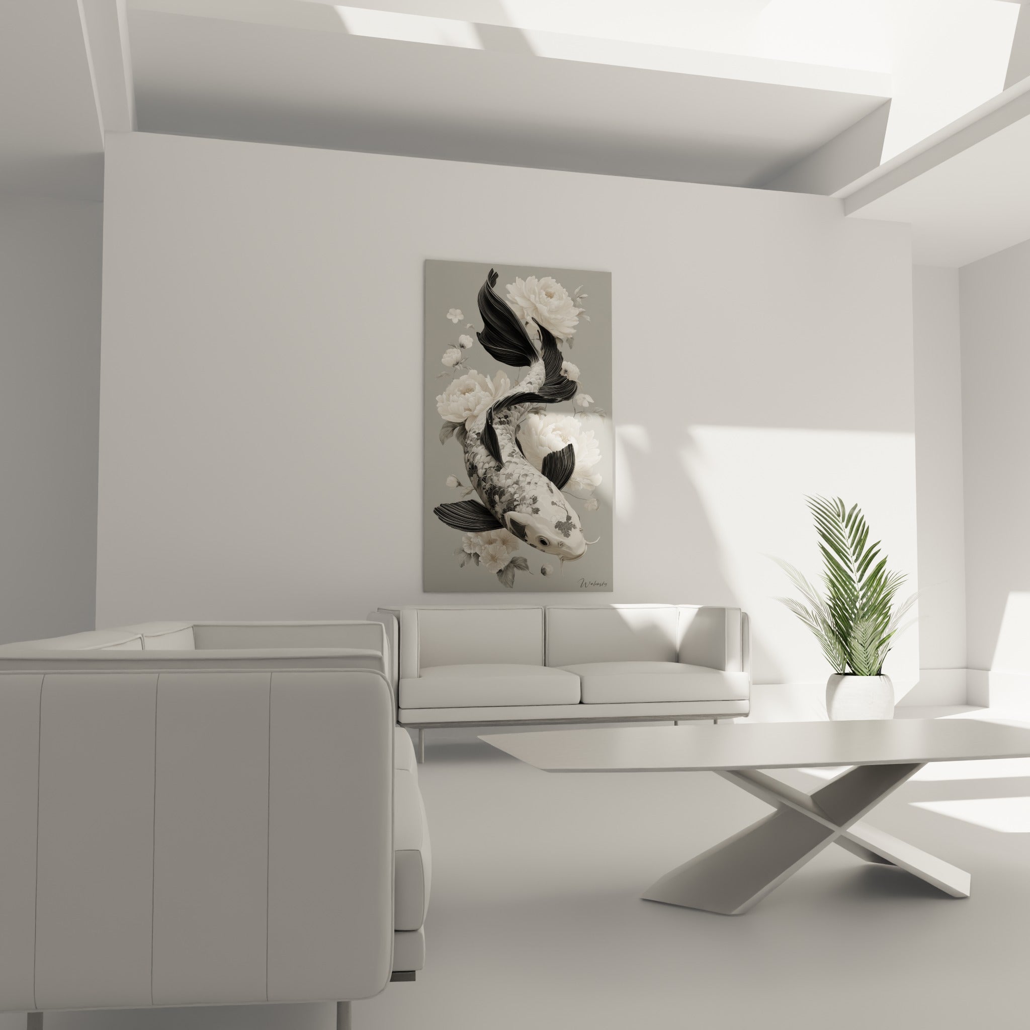 Motif floral et koï gris argenté en mouvement, placé au-dessus d'un canapé dans un salon lumineux