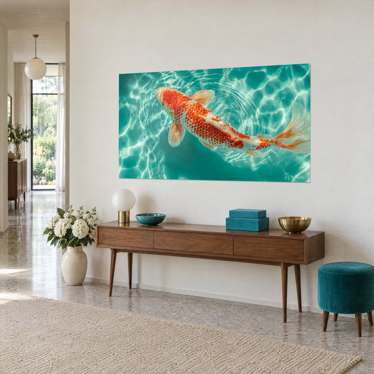 Wall art of a koi fish with orange and white scales swimming across a moiré turquoise background, three-quarter view over a console