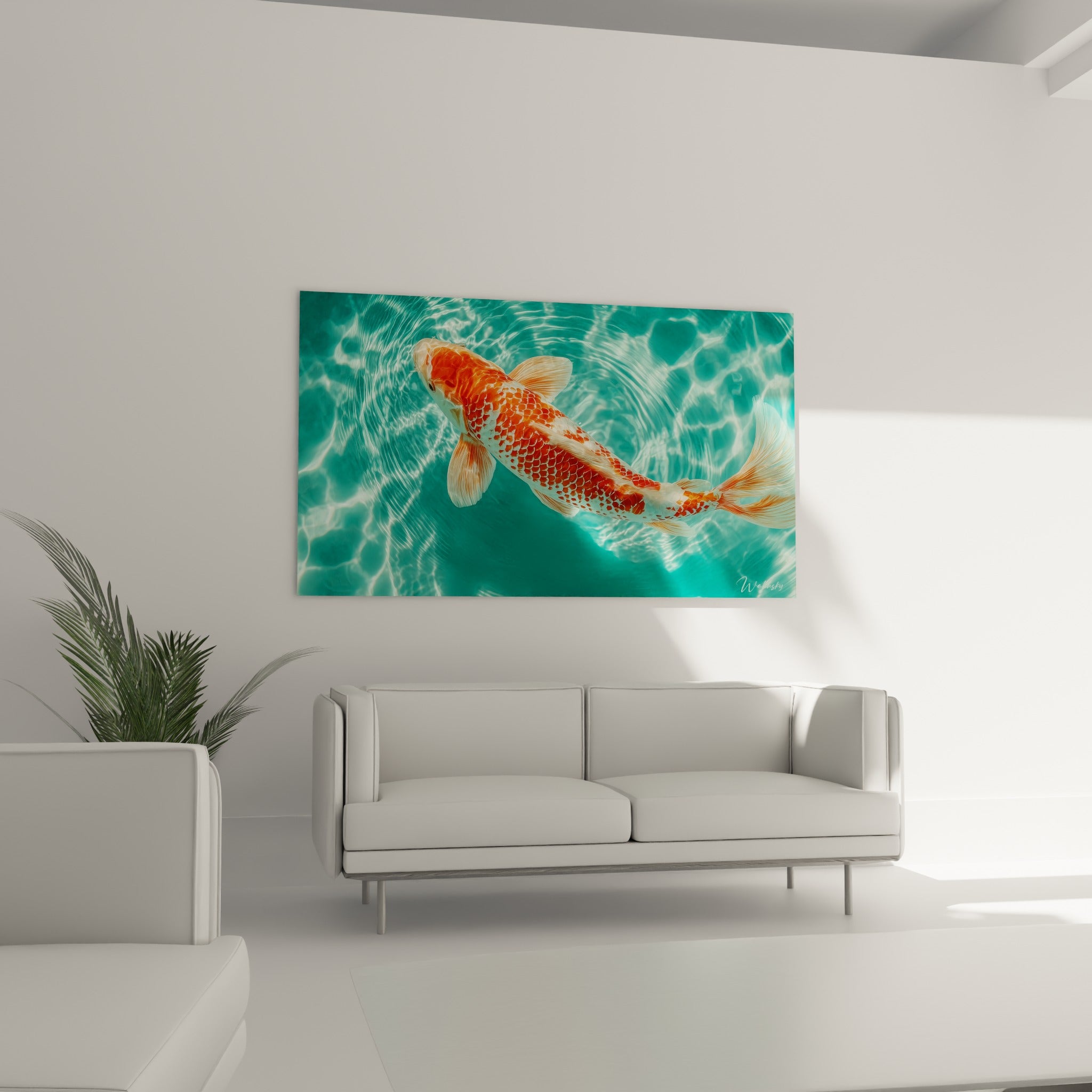 Nageoires translucides du koi blanc et orange ondulant en surface, au-dessus d'un canapé dans un salon lumineux