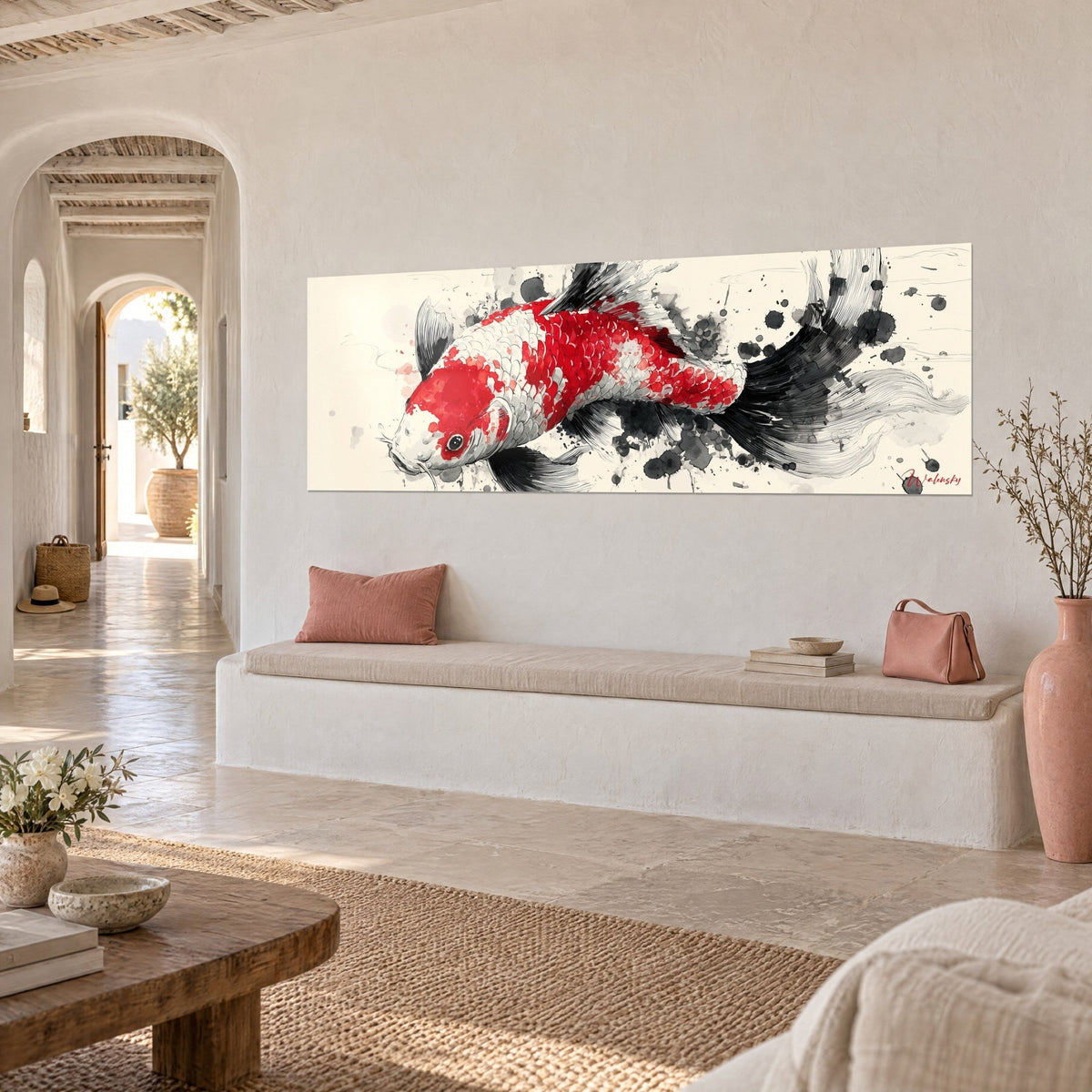 Wall art vermilion and ivory ink fish, black tail in swirls, on a white wall of a Mediterranean house