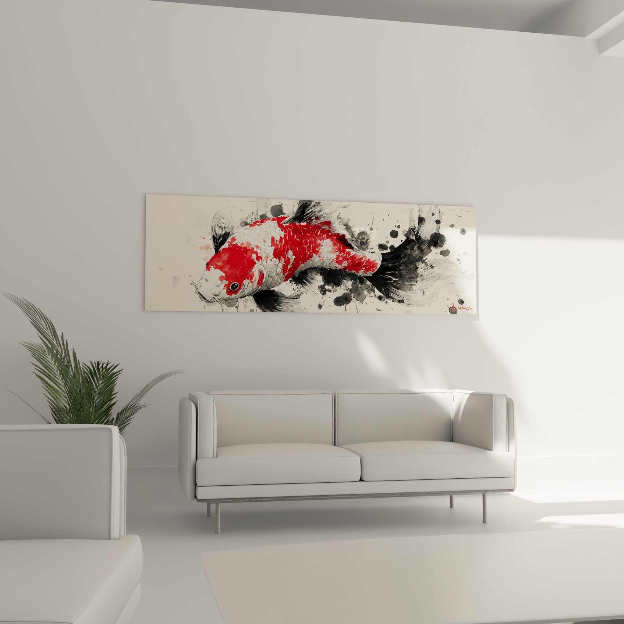 Nageoires du Koi noir et blanc déployées en traits fins, au-dessus d'un canapé dans un salon lumineux