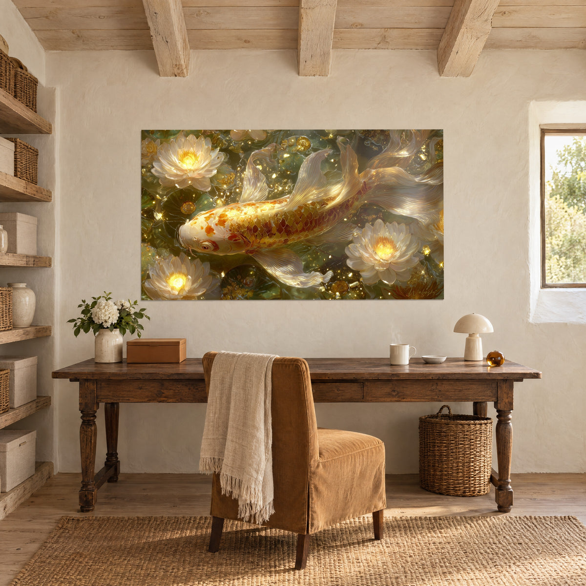 Quadro coda velata e setosa di un koi dorato, riflessi di luce su acqua verde muschio, ninfee bianche, sulla parete di legno di uno studio