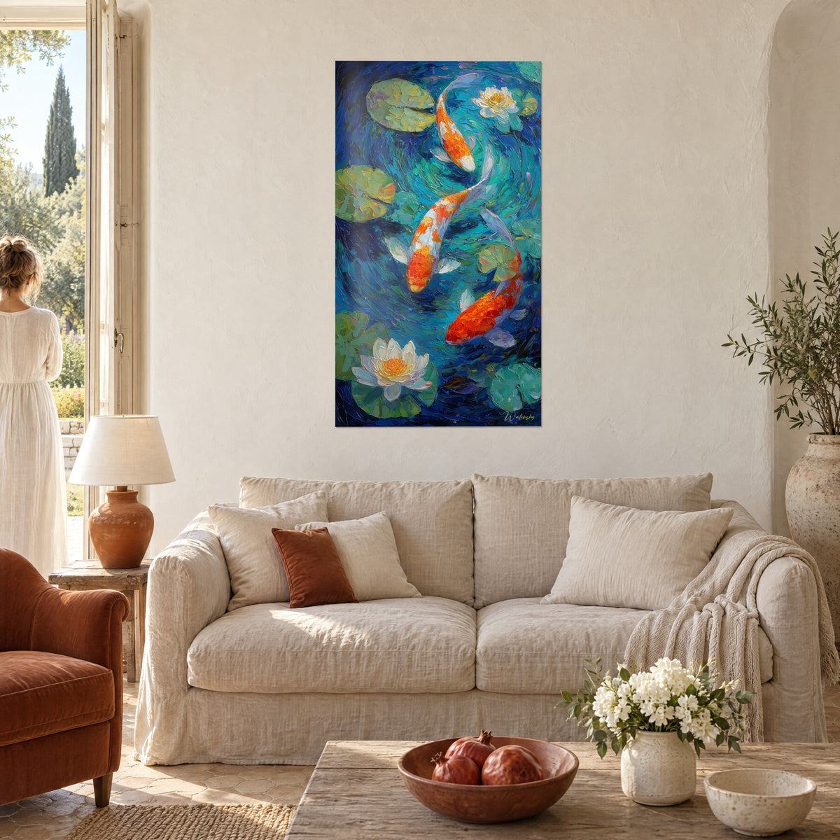 Quadro di tre carpe koi arancioni che roteano su uno stagno azzurro turchese, ninfee bianche, sopra un divano in un soggiorno luminoso