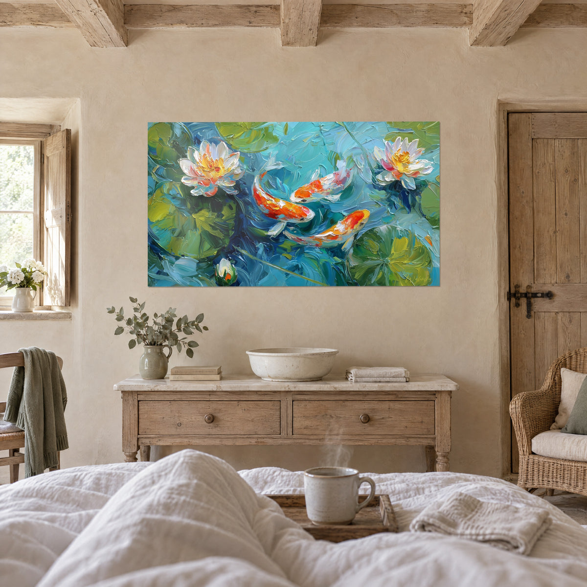 Quadro Pesci koi vermiglio che nuotano tra fiori di loto bianchi, acqua blu e verde, appeso sopra un letto in una camera luminosa