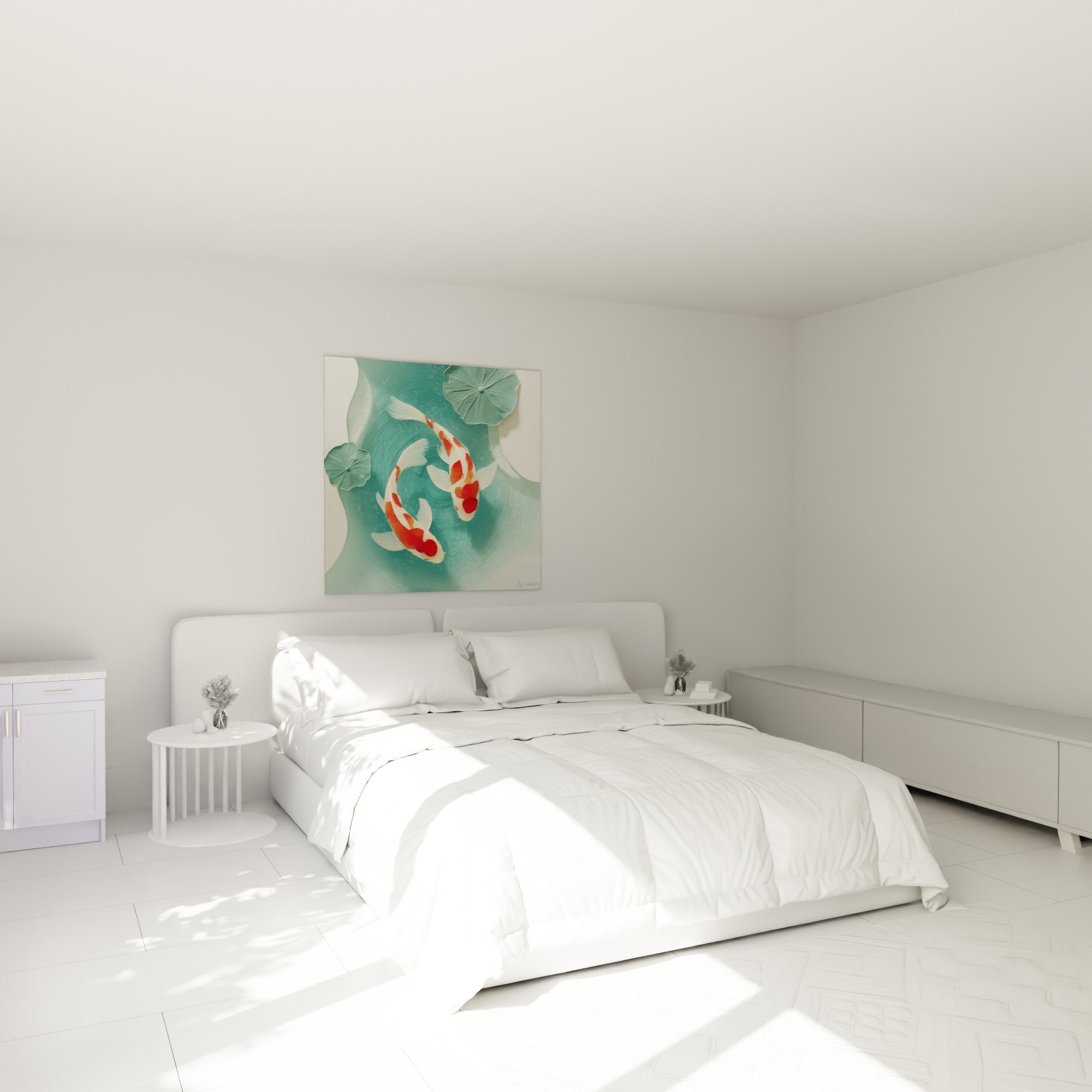 Poissons koï rouge et blanc glissant dans une eau turquoise, accrochés au-dessus d'un lit dans une chambre claire