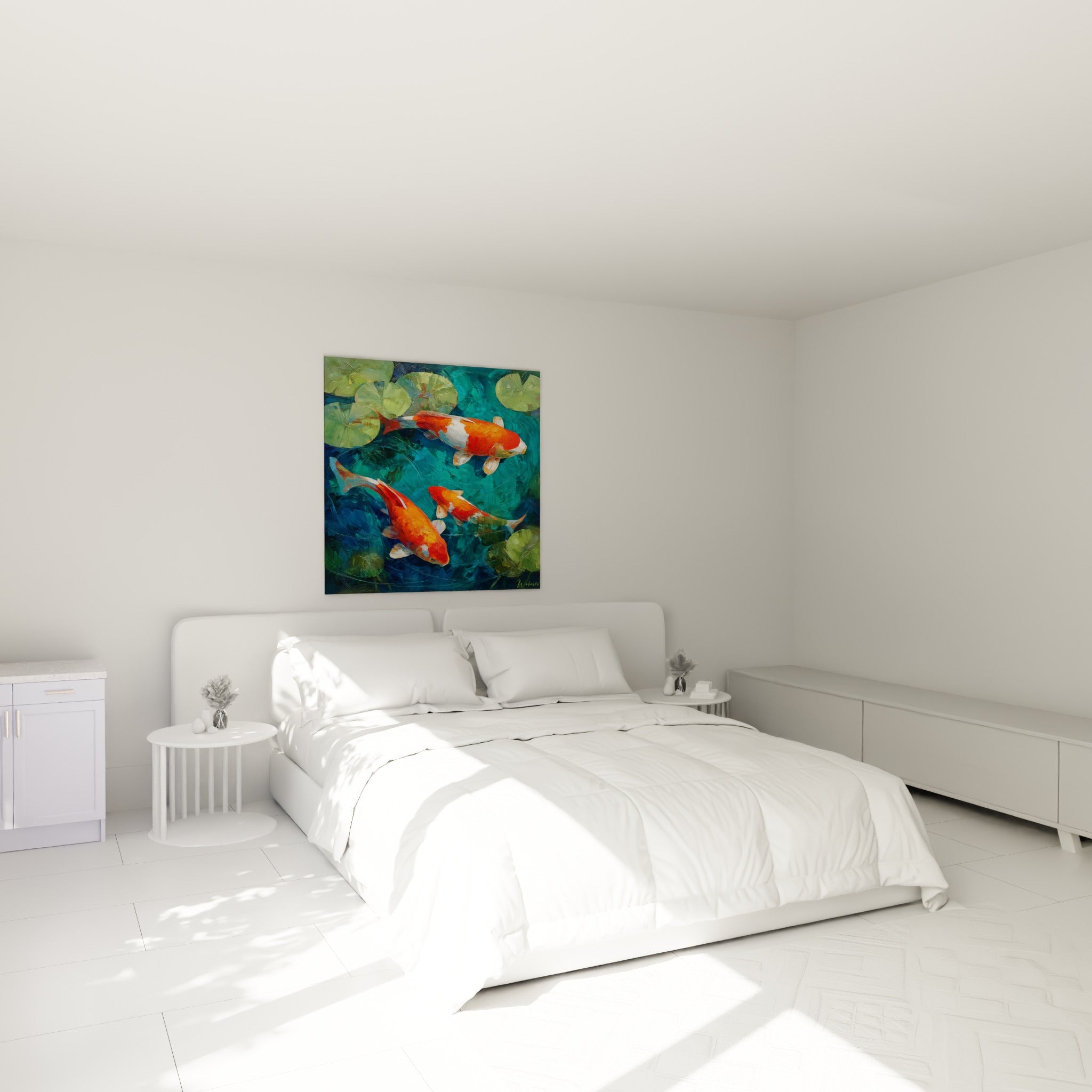 Carpes koï orange glissant sous des nénuphars verts, tableau accroché au-dessus d'un lit dans une chambre claire