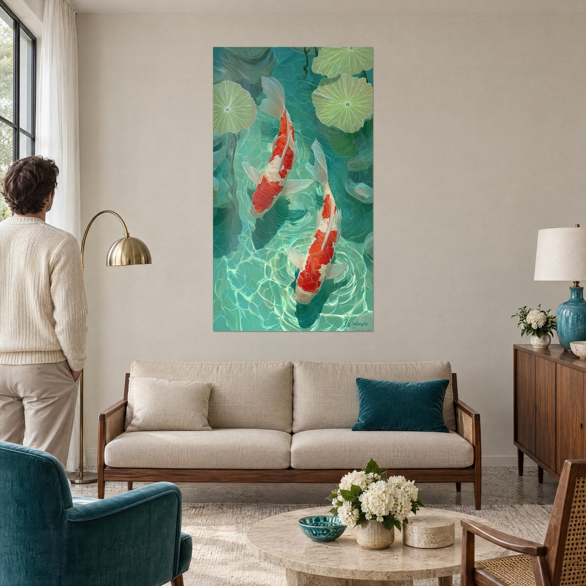 Schilderij twee rood-witte koikarpers die zwemmen onder zachtgroene lotusbladeren, boven een bank in een lichte woonkamer