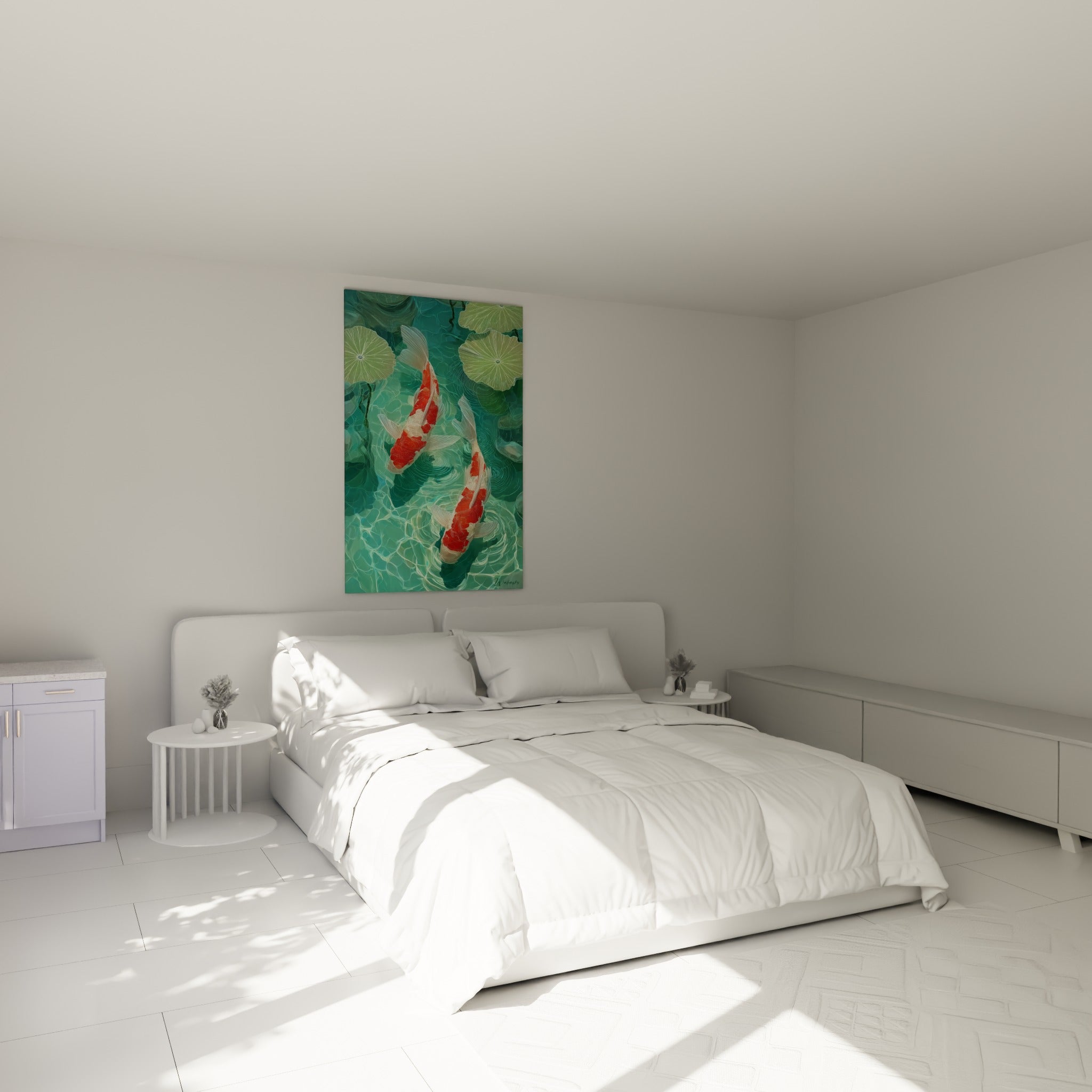 Carpes koï corail et blanches ondulant sur fond turquoise, accrochées au-dessus d'un lit dans une chambre claire