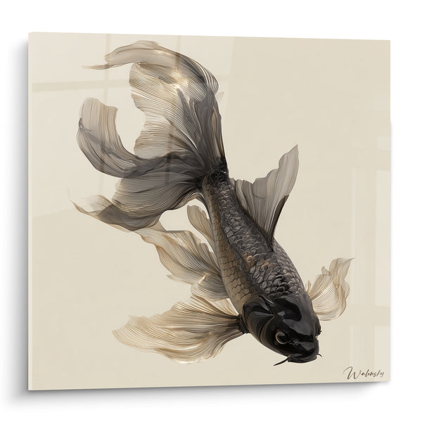 Tableau Carpe koï noire aux nageoires vaporeuses - Glisse silencieuse - Edition Koi
