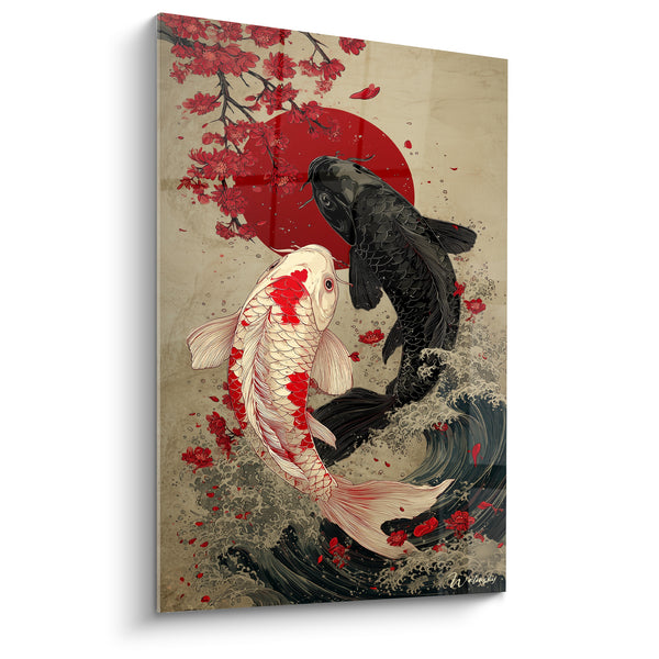 Tableau Carpes noire et blanche sous cerisier fleuri - Soleil rouge et vagues - Edition Koi