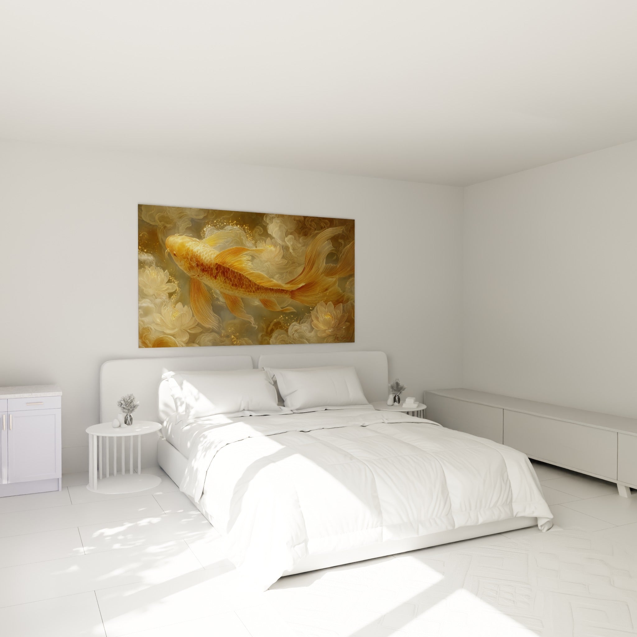 Poisson Koi ocre et doré entouré de fleurs ivoire, au-dessus d'un lit dans une chambre claire
