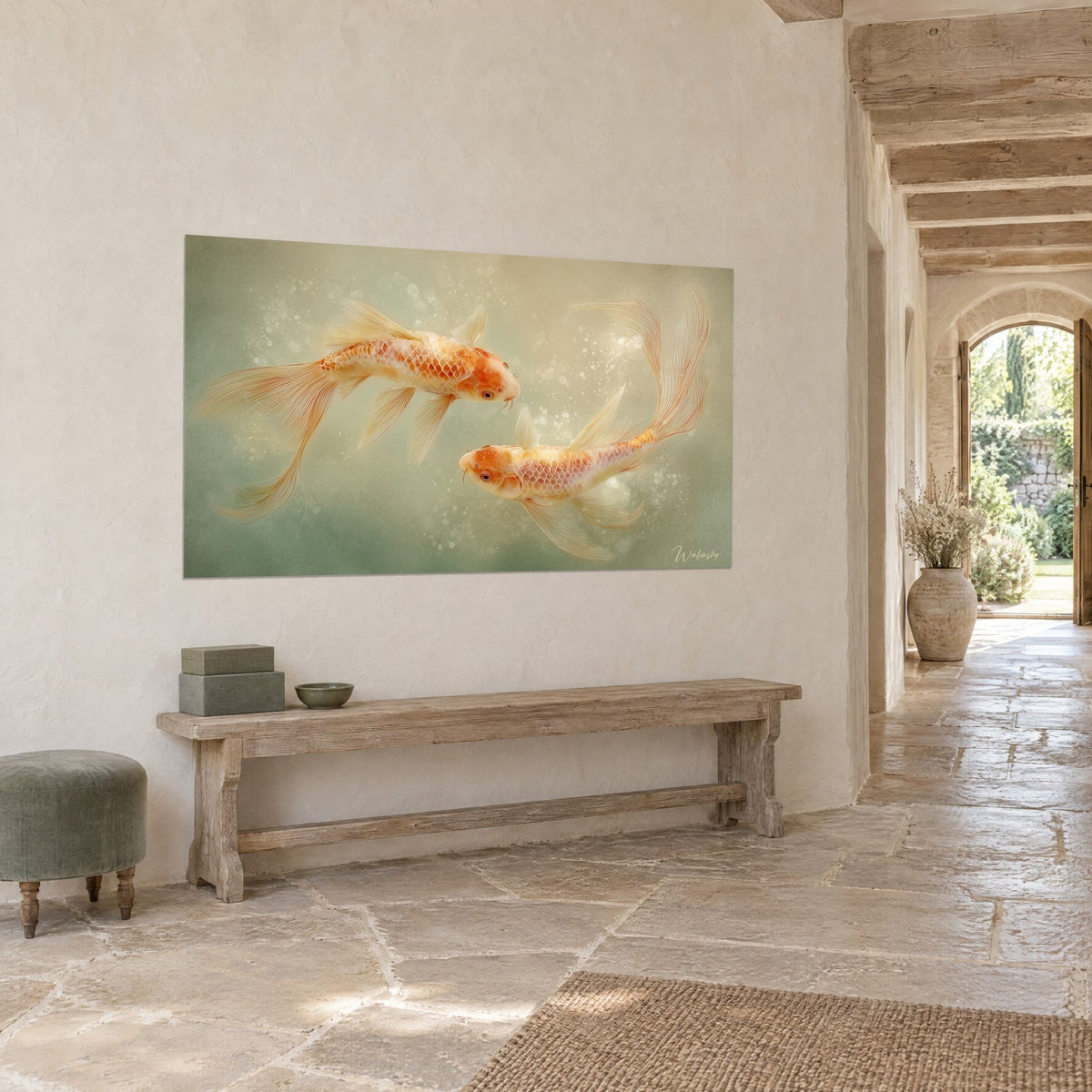 Wall art two red-orange fish in a circular dance, golden bubbles on verdigris water, stone wall of a country house