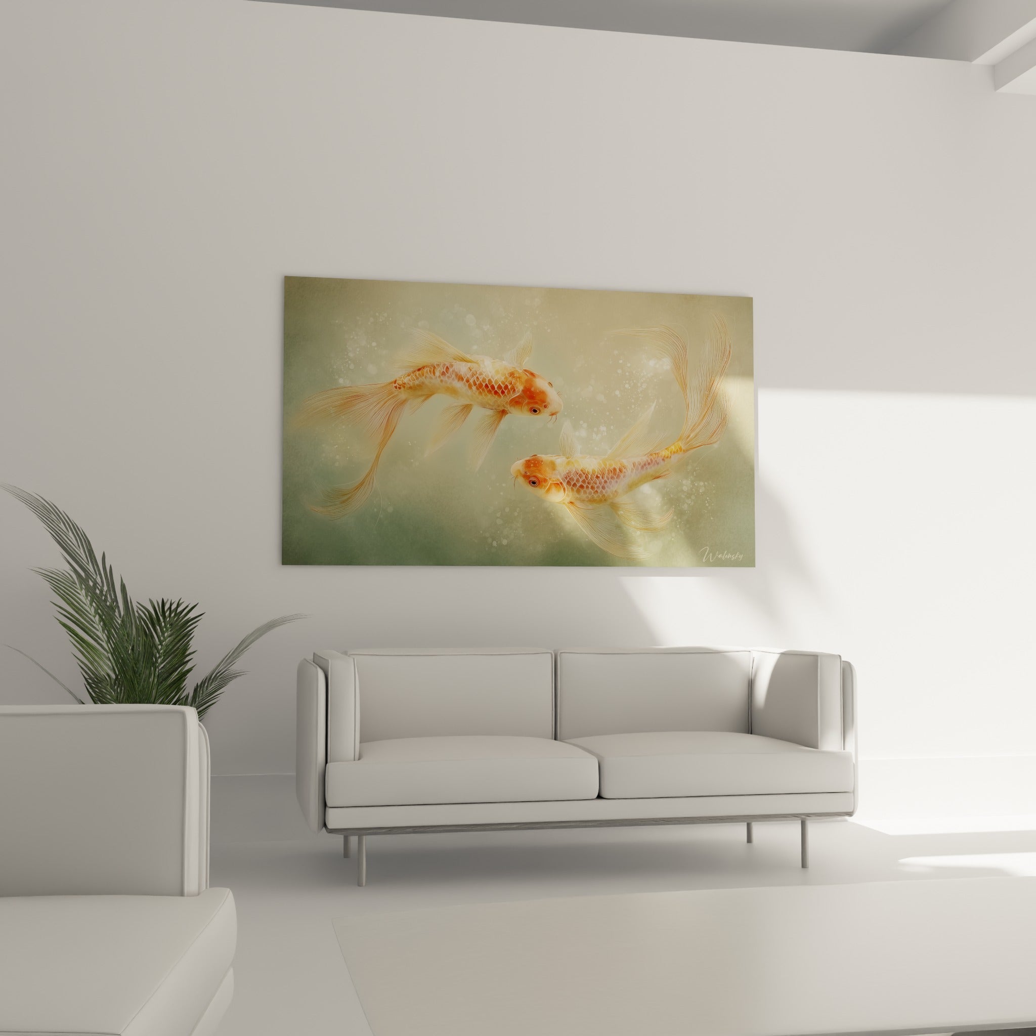 Silhouettes Koi ocre et blanches se croisant au-dessus d'un canapé dans un salon lumineux