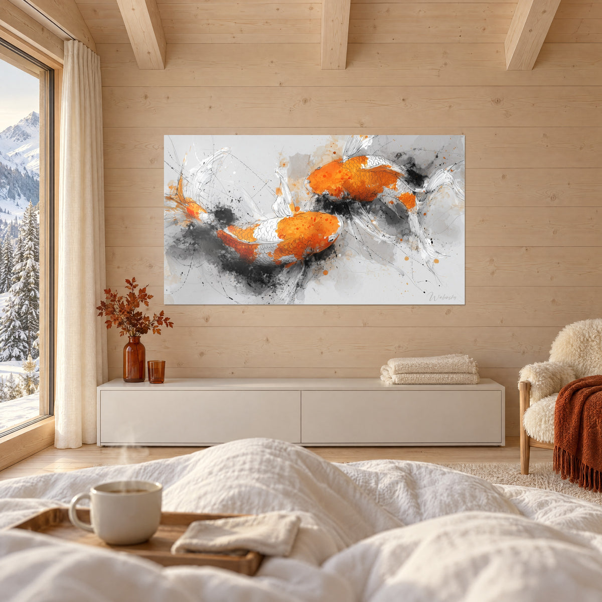Schilderij duo van oranje en witte gevlekte koi, vinnen waaiend in grijze inkt, een persoon van achteren boven een bed in een lichte slaapkamer