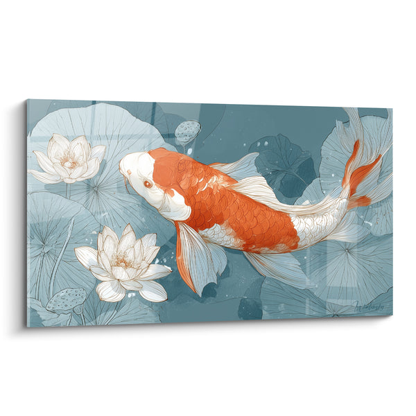 Tableau Carpe orange et blanche parmi lotus blancs - Graines de lotus - Edition Koi