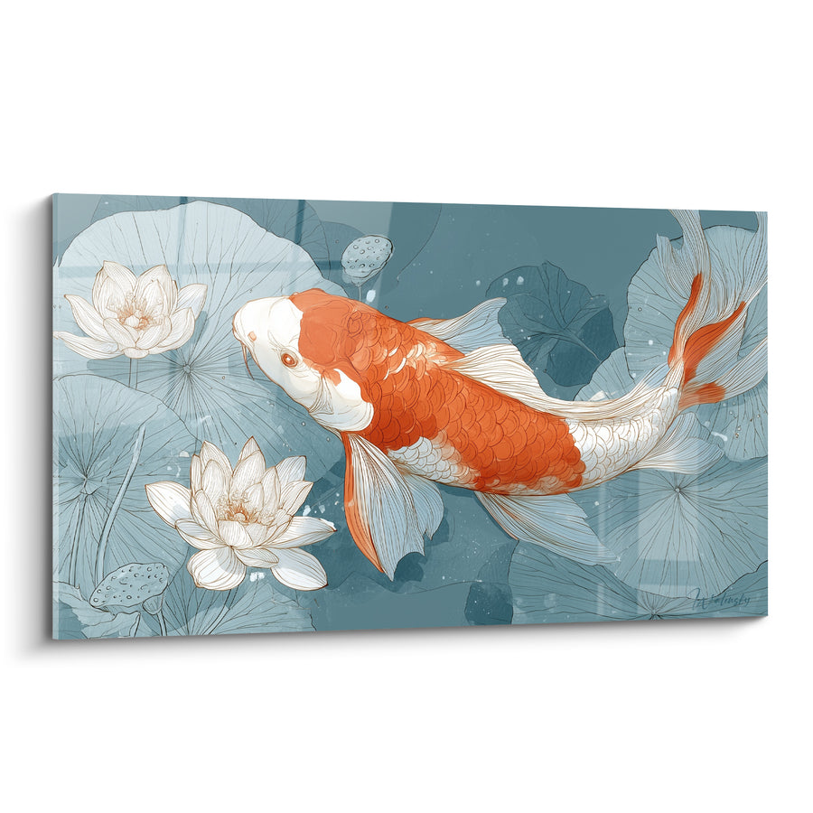 Tableau Carpe orange et blanche parmi lotus blancs - Graines de lotus - Edition Koi